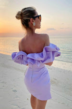 Ruffled Off Shoulder Satin Mini Dress