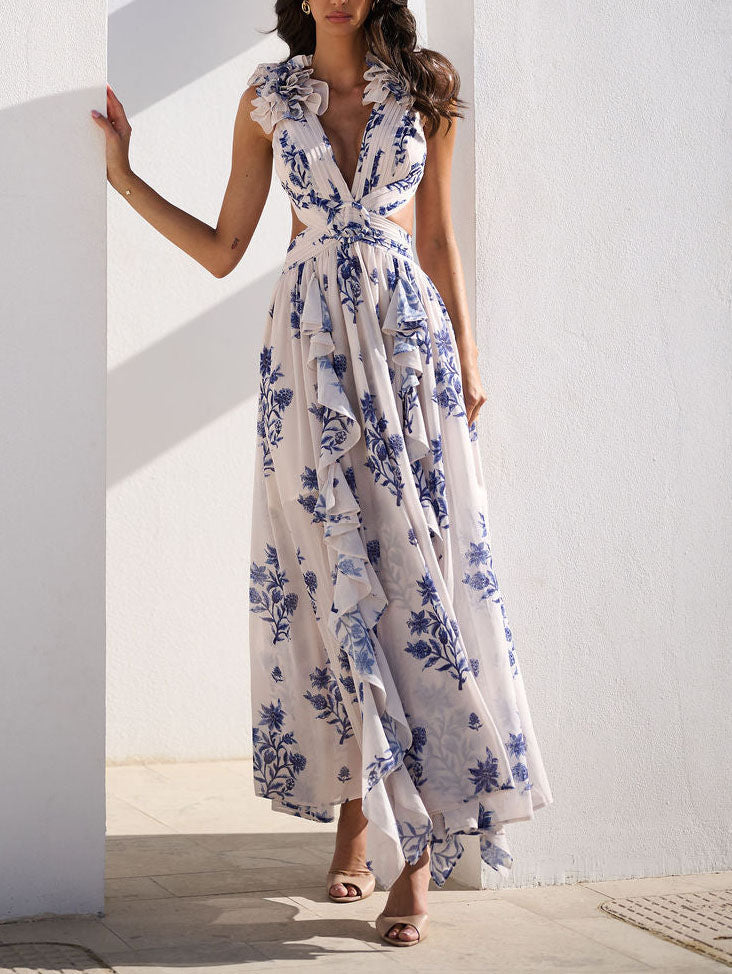 Elegant Floral Rosette Trim Maxi Dress