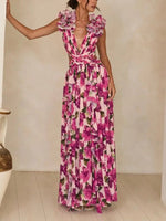 Elegant Floral Rosette Trim Maxi Dress