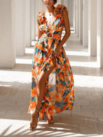 Elegant Floral Rosette Trim Maxi Dress