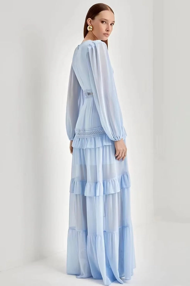 Glam Long Sleeve Ruffle Trim Maxi Dress