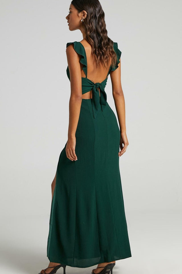 Ruffle Shoulder High Slit Maxi Dress
