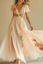 Elegant Coral Floral Pleated Maxi Dress