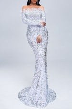 Off Shoulder Feather Trim Sequin Maxi Dress