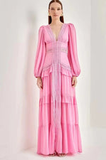 Glam Long Sleeve Ruffle Trim Maxi Dress