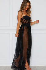 Black Tulle Mesh High Slit Maxi Dress