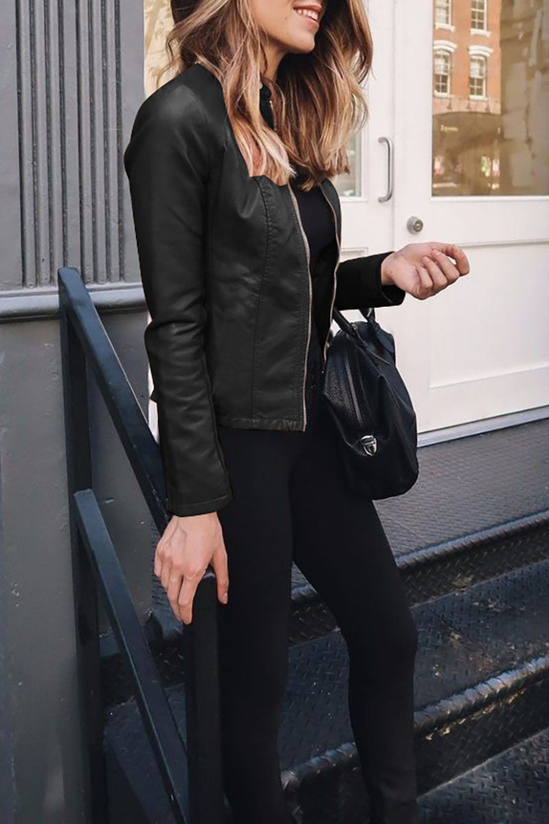 Cool Zippered Faux Leather Crop Jacket