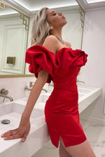 Ruffled Off Shoulder Satin Mini Dress