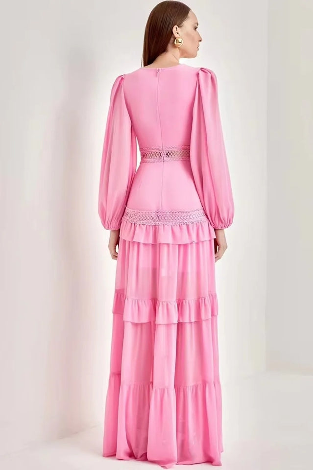 Glam Long Sleeve Ruffle Trim Maxi Dress