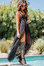 Black Tulle Mesh High Slit Maxi Dress