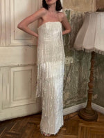 Silvery Sequin Fringe Strapless Maxi Dress