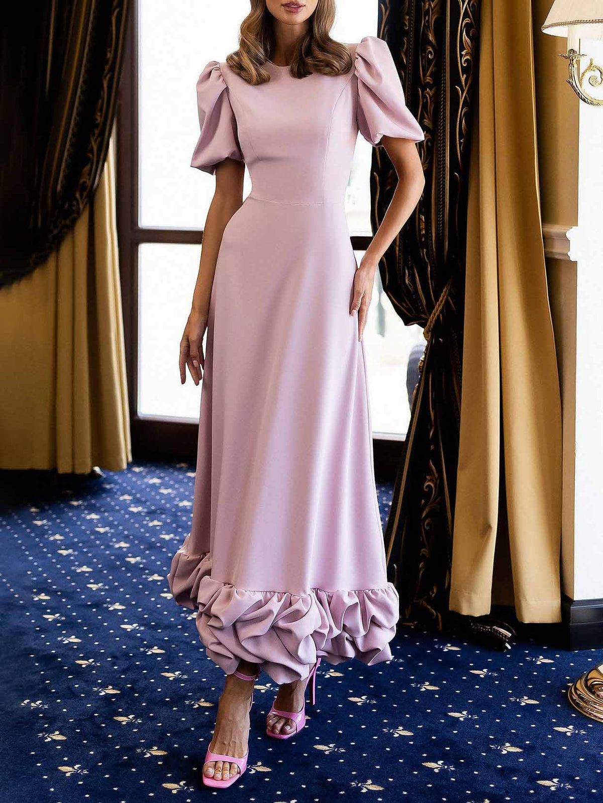 Elegant Solid Ruffle Hem Maxi Dress