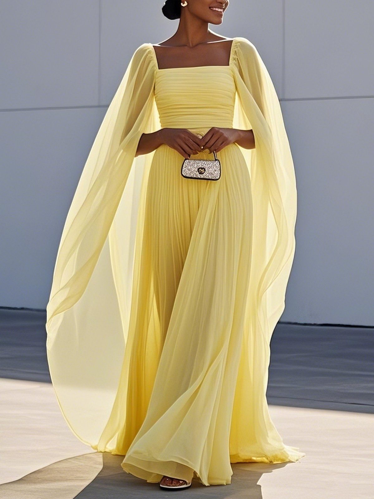 Elegant Cape Sleeve Chiffon Maxi Dress