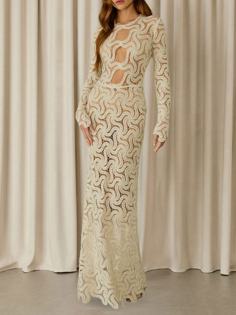 Cream Crochet Lace Long Sleeves Maxi Dress