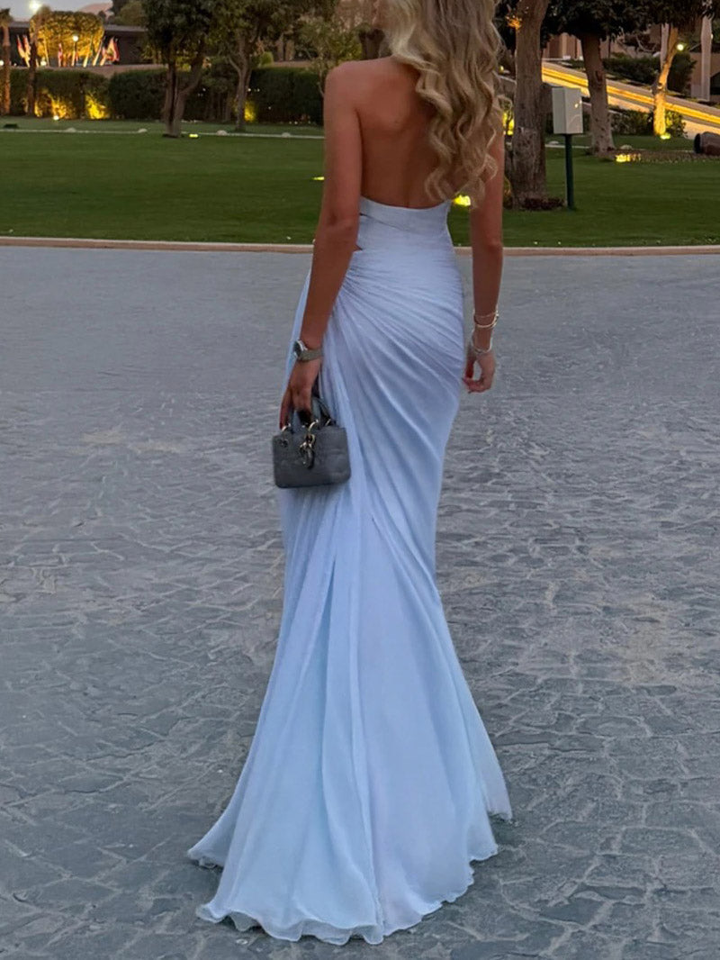 Light Blue Ruched Formal Maxi Dress