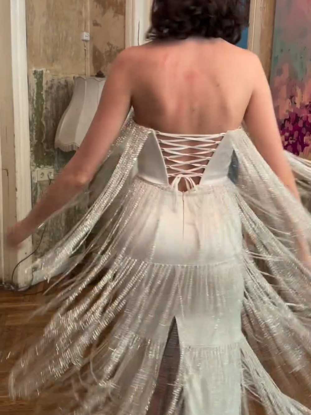 Silvery Sequin Fringe Strapless Maxi Dress