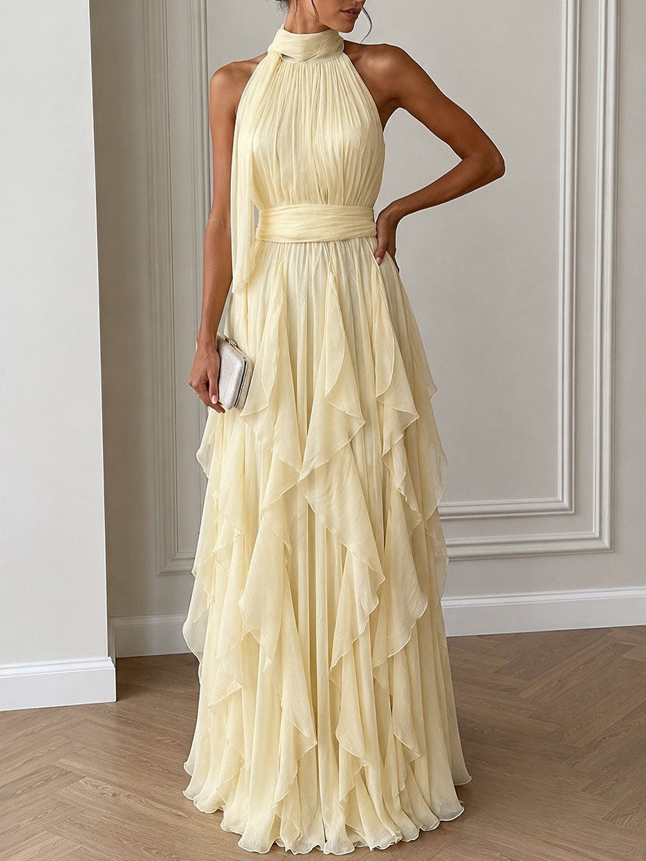 Elegant Tiered Ruffle Halter Maxi Dress