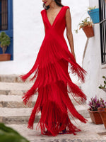 Elegant Deep V-Neck Tiered Fringe Maxi Dress