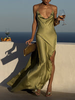 Olive Green Satin High Slit Maxi Dress