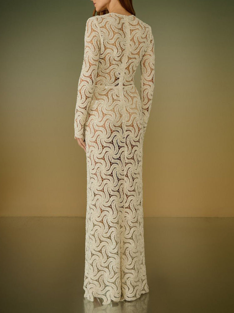 Cream Crochet Lace Long Sleeves Maxi Dress