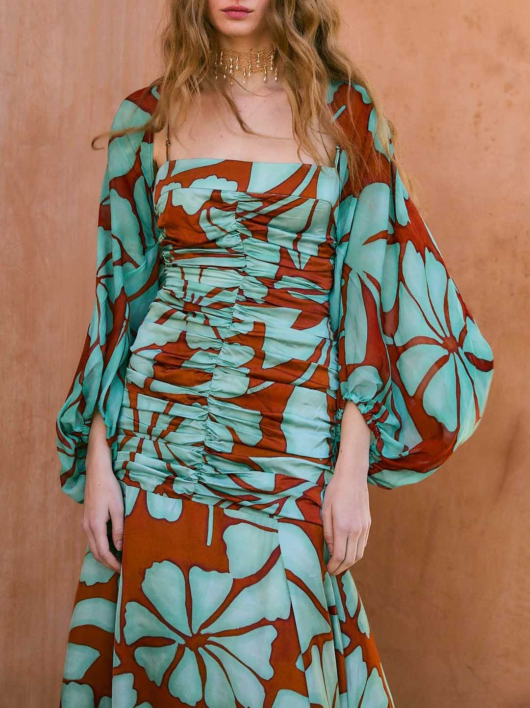 Green Boho Leaf Print Maxi Dress Two-Piece Set