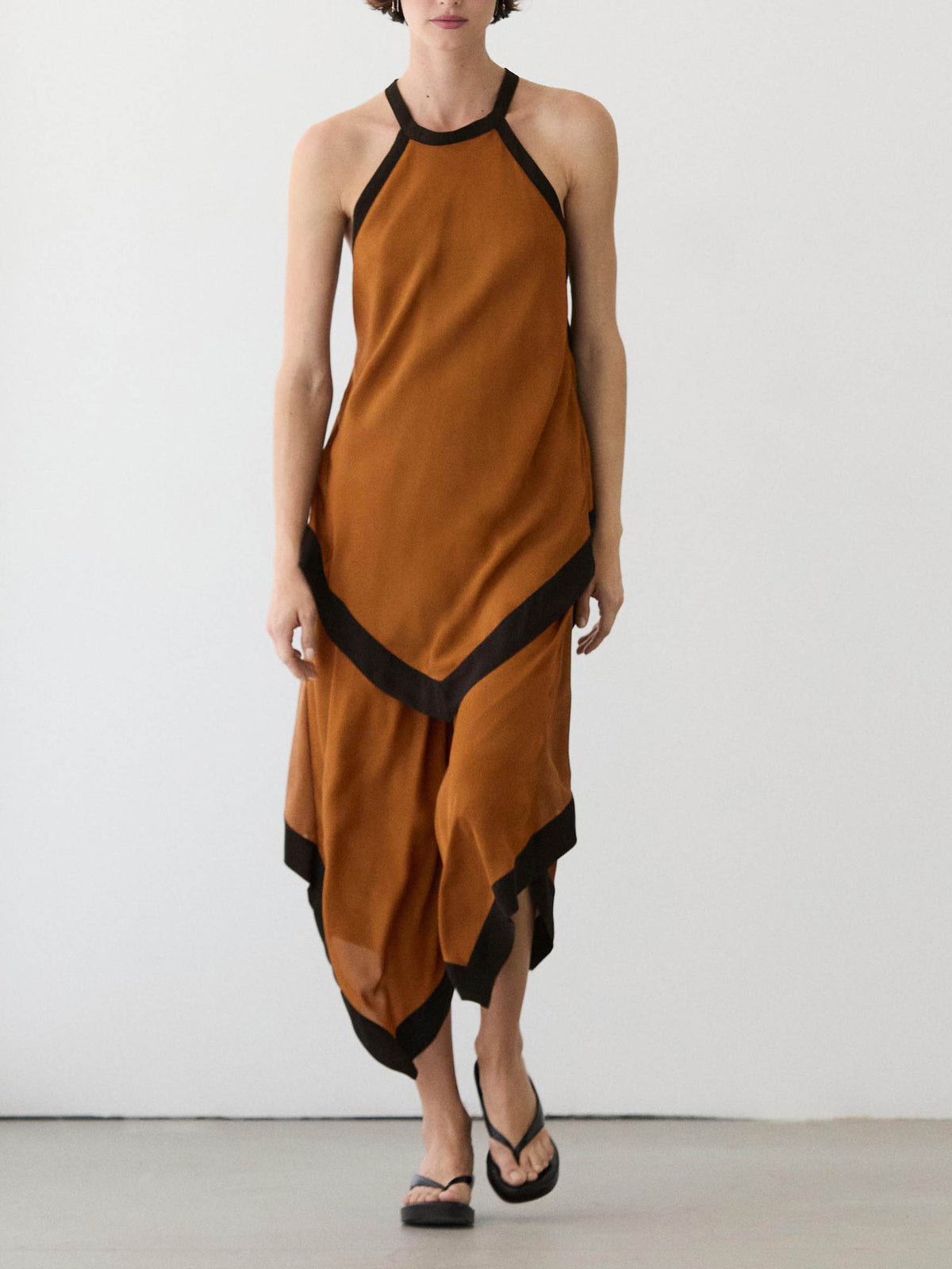 Brown Contrast Edge Asymmetric Hem Midi Dress