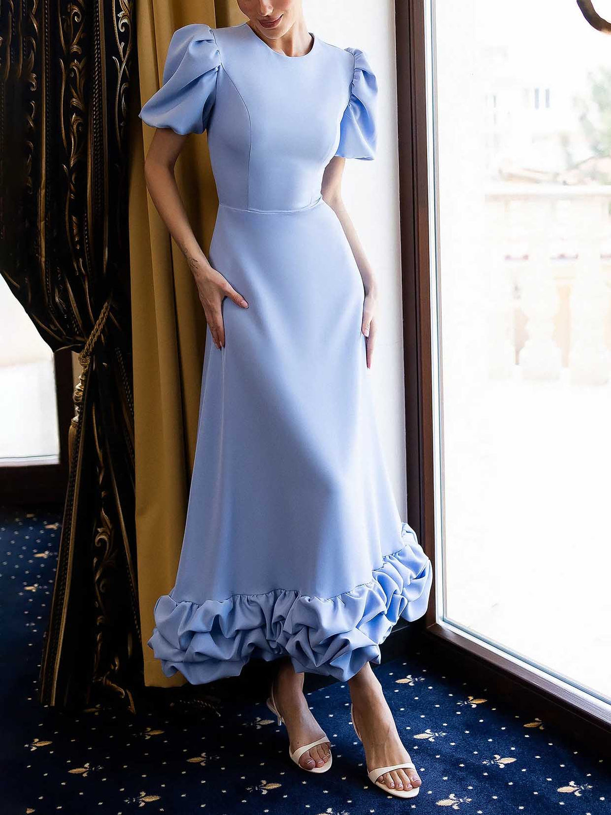 Elegant Solid Ruffle Hem Maxi Dress