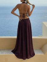 Purple Ruched Backless Top and Skirt Two-Piece Set