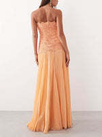 Orange Strapless Embroidered Lace Maxi Dress