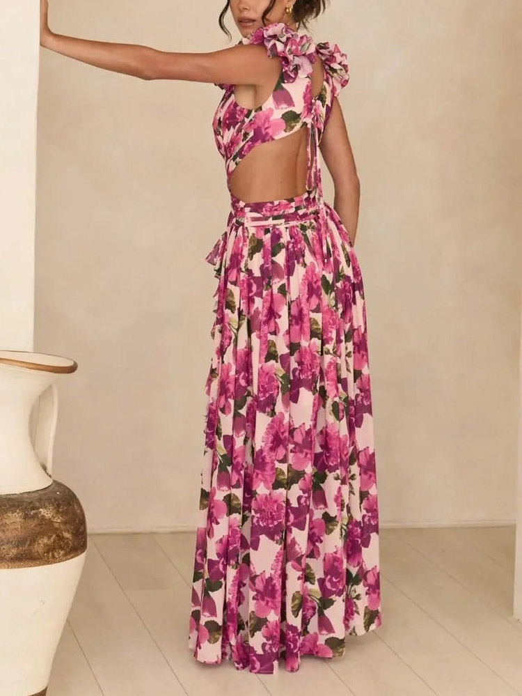 Elegant Floral Rosette Trim Maxi Dress