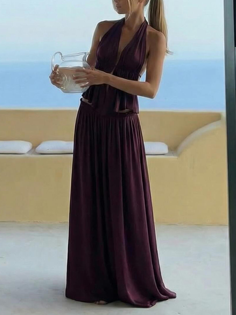 Purple Ruched Backless Top and Skirt Two-Piece Set