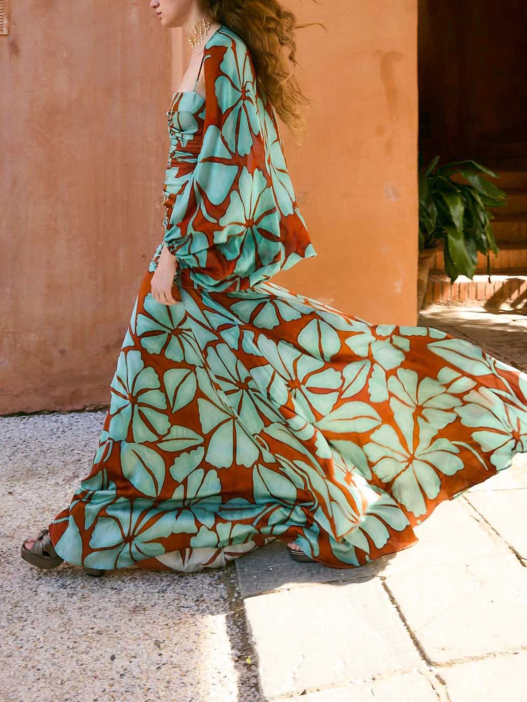 Green Boho Leaf Print Maxi Dress Two-Piece Set
