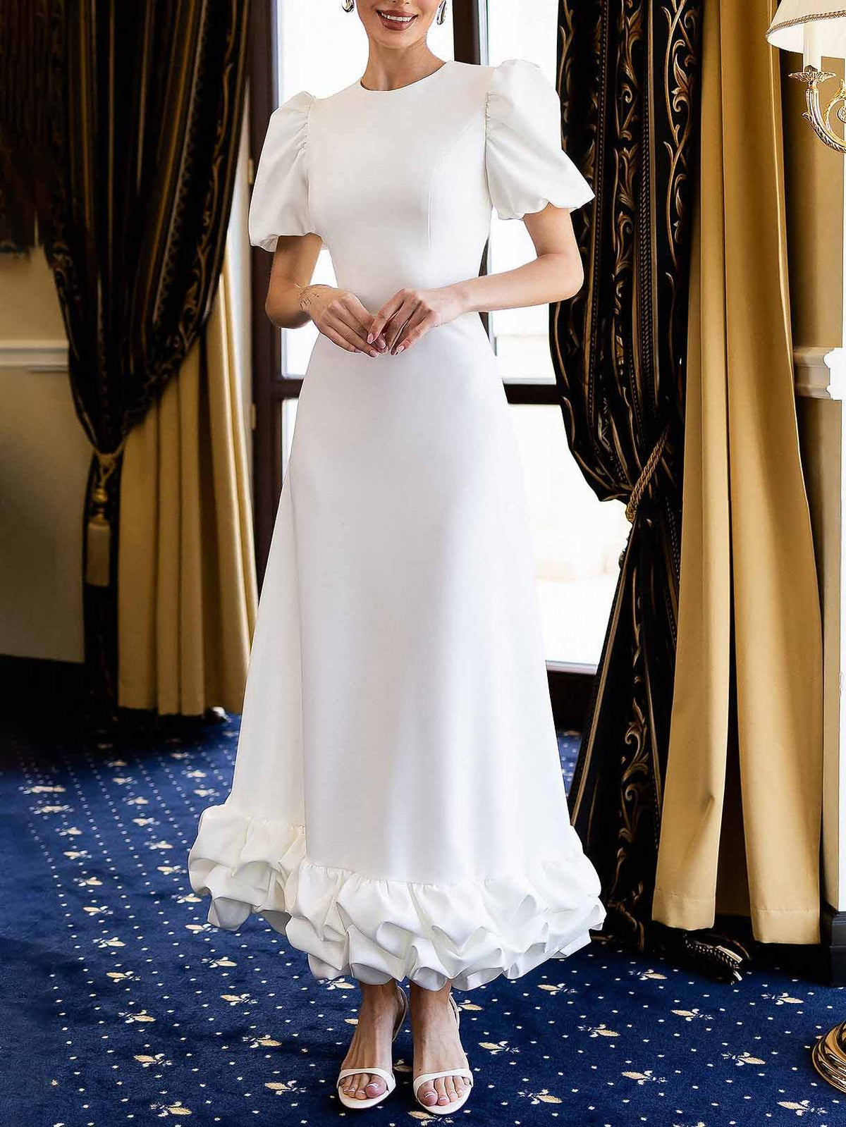 Elegant Solid Ruffle Hem Maxi Dress