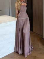Elegant Pleated Strapless Maxi Gown Dress