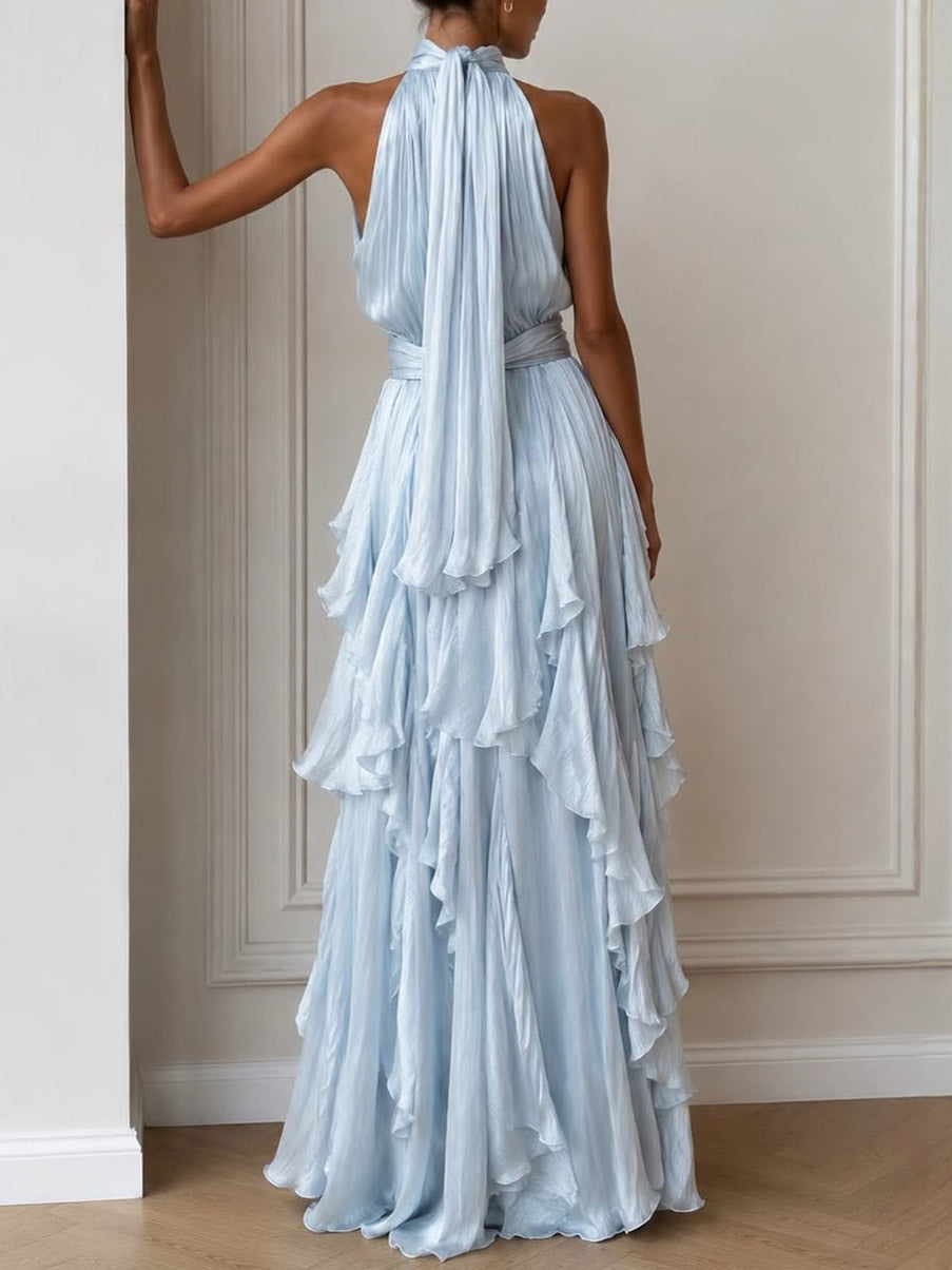 Elegant Tiered Ruffle Halter Maxi Dress