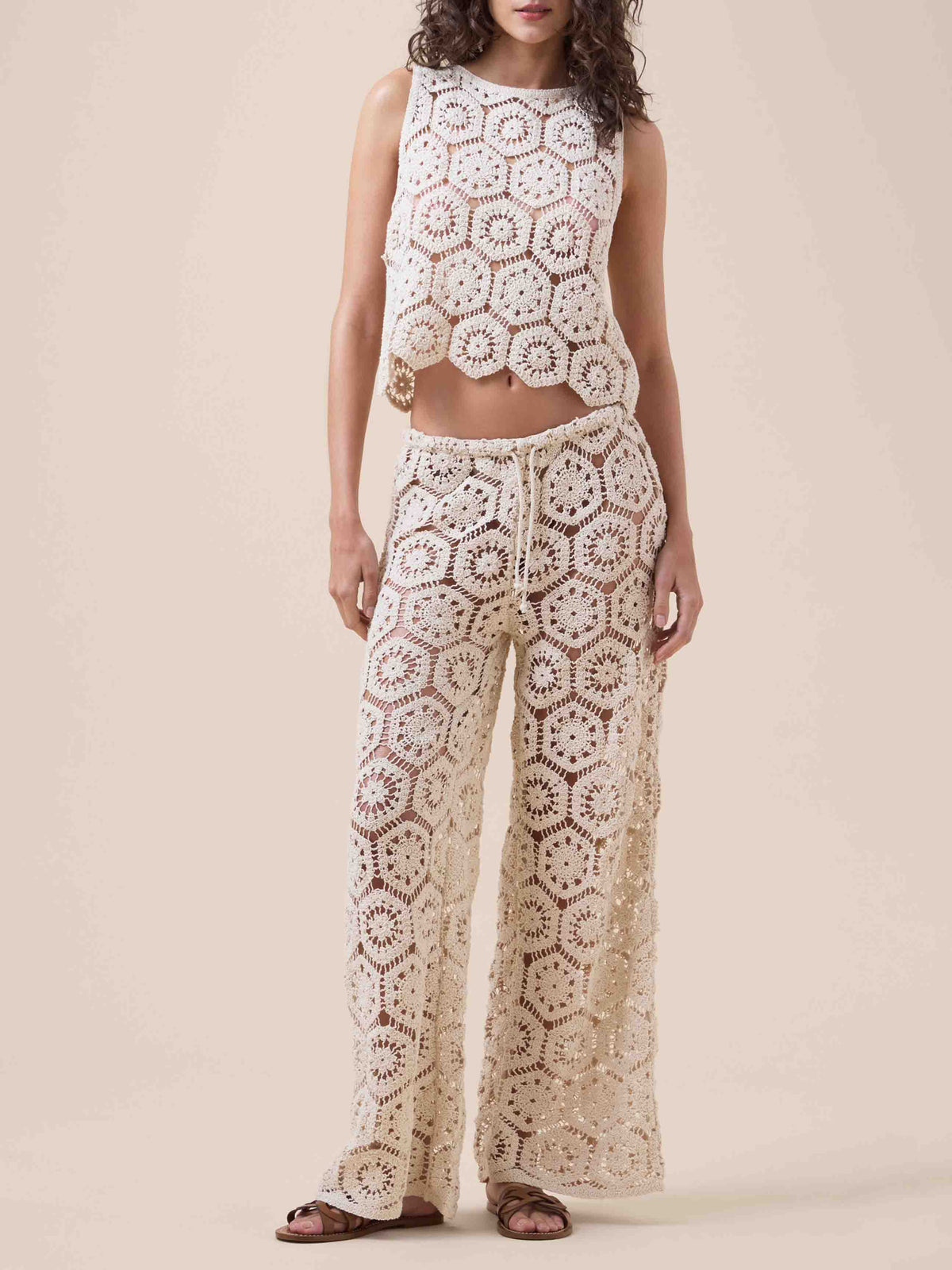 Beige Crochet Knit Tank and Wide-Leg Pants Two-Piece Set