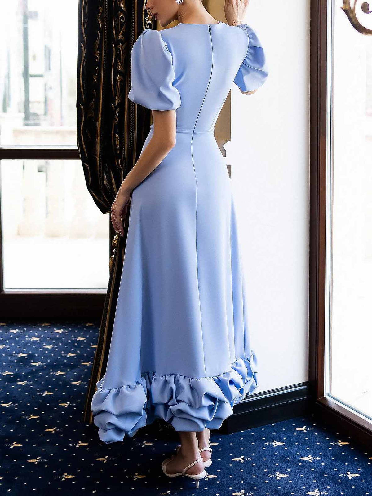 Elegant Solid Ruffle Hem Maxi Dress