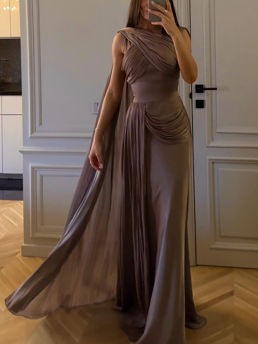 Elegant Draped Satin Gown Maxi Dress