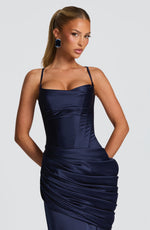 Navy Spaghetti Strap Satin Maxi Dress