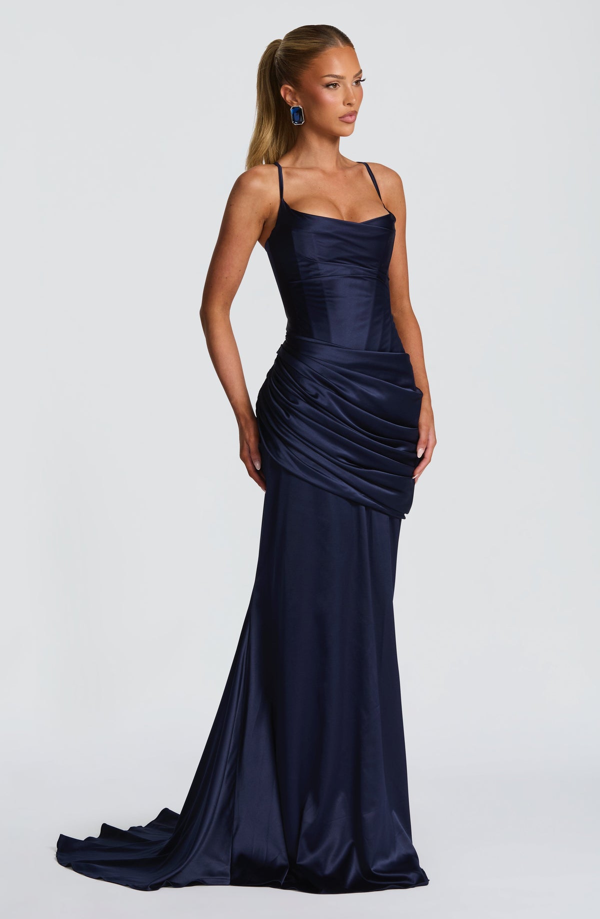 Navy Spaghetti Strap Satin Maxi Dress