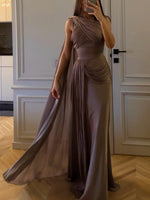 Grayish-Purple Ribbon Trim Satin Evening Gown
