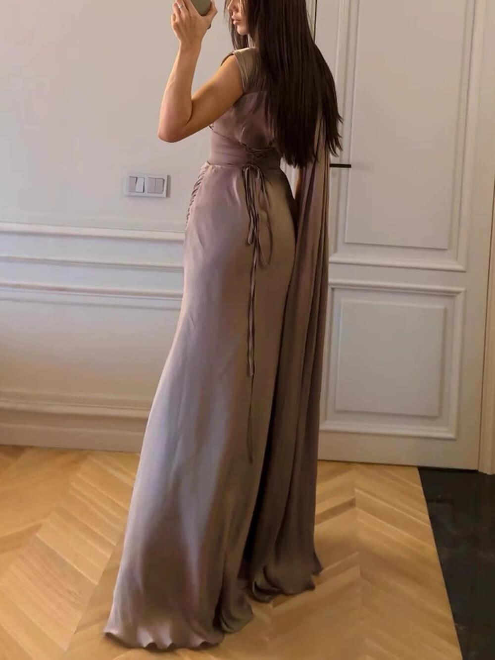 Grayish-Purple Ribbon Trim Satin Evening Gown