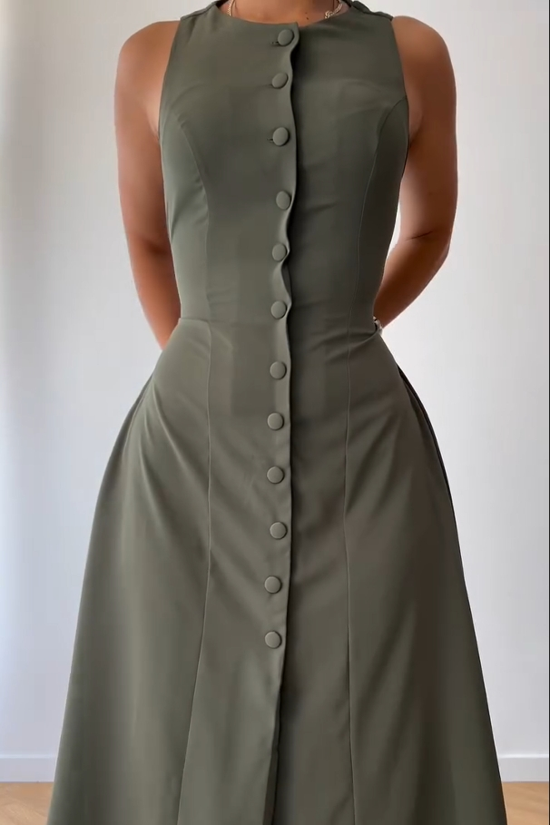 Solid Button Down Sleeveless Midi Dress