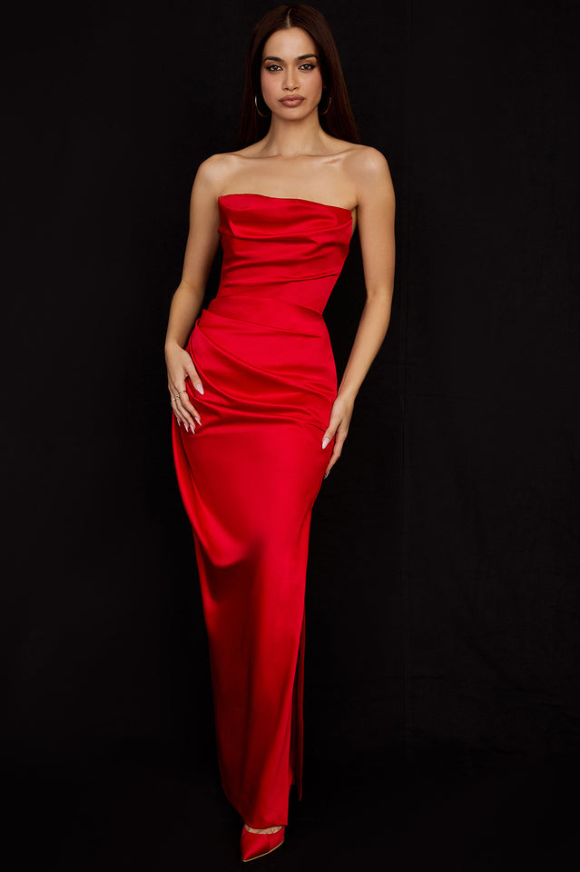 Satin Strapless High Slit Maxi Dress