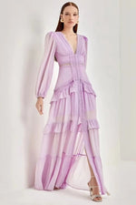 Glam Long Sleeve Ruffle Trim Maxi Dress