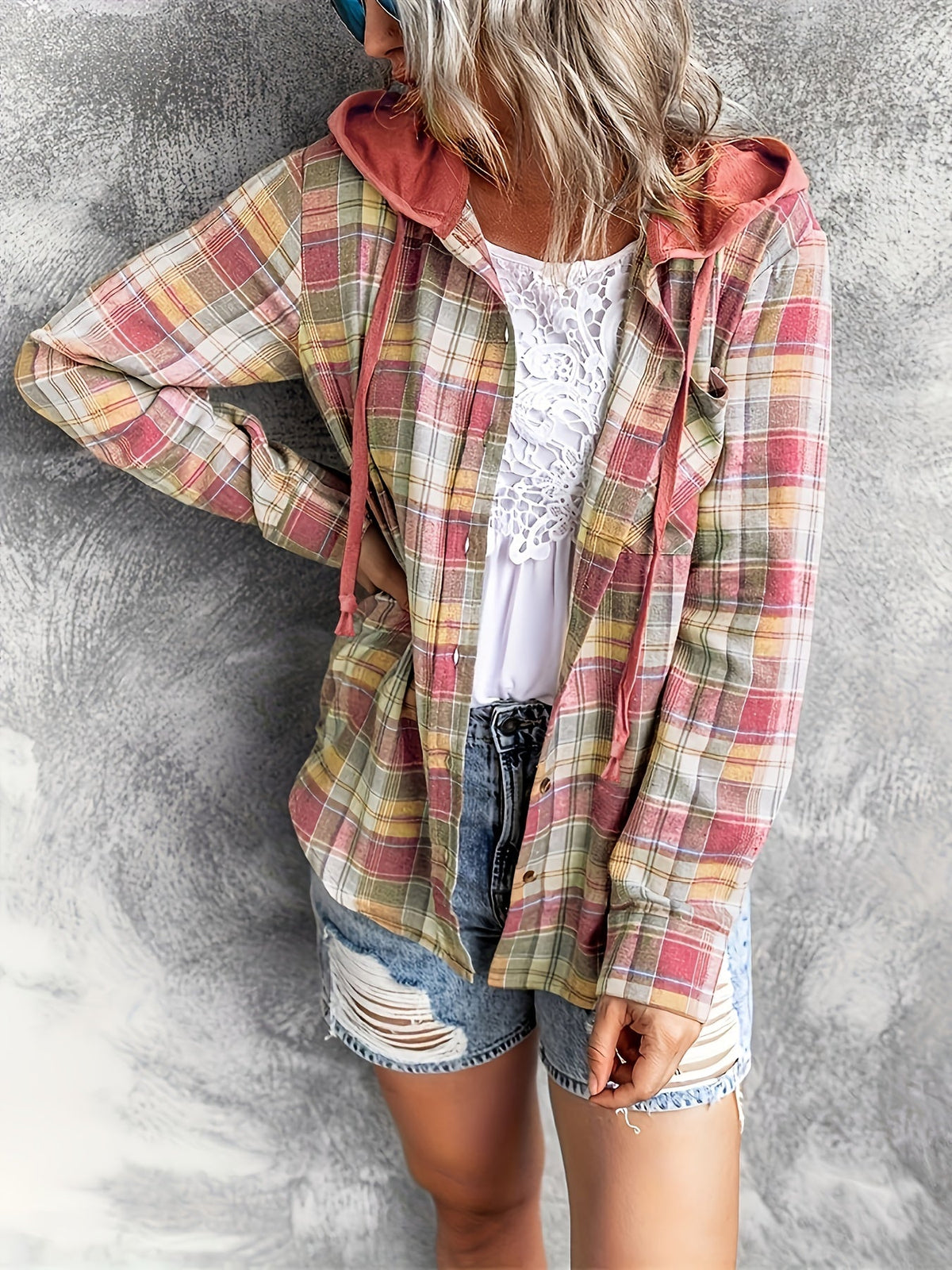 Tartan Plaid Print Drawstring Hooded Shirt