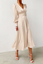 Elegant Lantern Sleeves Satin Midi Dress