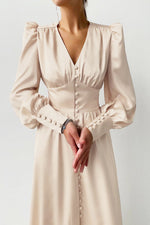 Elegant Lantern Sleeves Satin Midi Dress