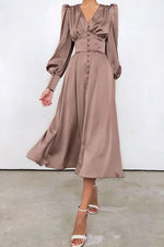 Elegant Lantern Sleeves Satin Midi Dress