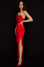 Satin Strapless High Slit Maxi Dress